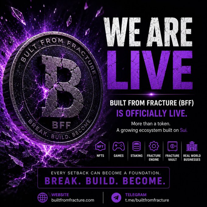 A promotional graphic announcing 'WE ARE LIVE' for the BFF (Built From Fracture) token ecosystem on Sui, featuring NFTS, games, staking, and more.