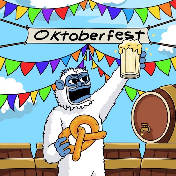 Cartoon illustration of a white furry creature celebrating at 'Oktoberfest', holding a large pretzel and a foaming beer mug, with colorful flags and a beer barrel in the background.