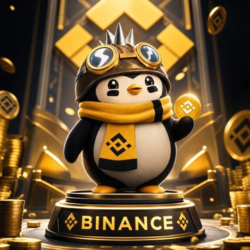 The image features a cute penguin figurine standing on a gold pedestal with the word "BINANCE" written above its head. The penguin is wearing a yellow scarf, goggles, and a helmet, giving it a unique appearance. In the background, there are stacks of gold coins scattered around, adding to the overall theme of wealth and prosperity. The post includes text that reads: "Who says Children'n't a holiday? Who's not a baby deep down—a baby over 300 months old reporting for duty! I'm jealous that you've already gotten your Binance blind boxes—my package tracking still shows it' s on the way I'm not convinced, just used @dappOS_com 's".