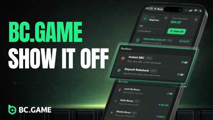 The image features a cell phone with an advertisement for BC Game, which promotes the game's features such as daily cash wins, sports betting, and world cup predictions. The text on the screen reads "BC Game Show It Off" and "Share Your BC.GAME Moments Every Day!". This suggests that users can share their gaming experiences and achievements through the game with others or even post them for others to see.