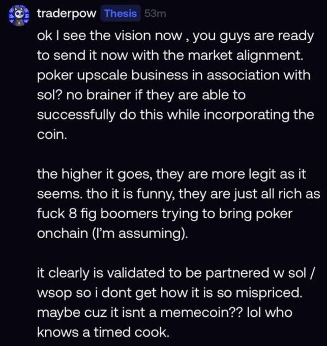 A Discord message from 'traderpow' discussing poker upscale business and Solana (sol) partnership, suggesting a token is undervalued despite WSOP validation.