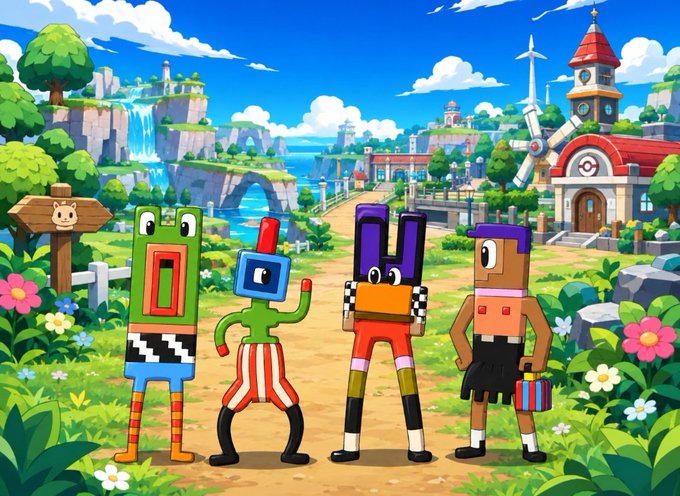 A vibrant cartoon illustration depicts four blocky, robot-like characters with colorful geometric designs standing in a lush green landscape with a village, windmill, and stone bridge in the background.