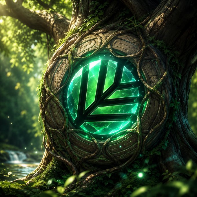 Digital fantasy art showing a glowing green geometric crystal embedded within a large, ancient tree covered in vines in a forest setting.