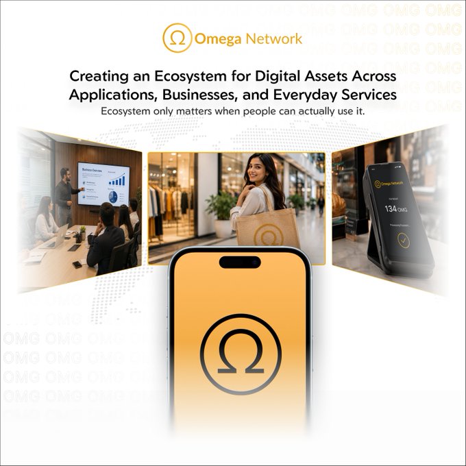 The image displays an "Omega Network" promotional graphic with the tagline "Creating an Ecosystem for Digital Assets Across Applications, Businesses, and Everyday Services," featuring a central smartphone displaying the Omega Network logo surrounded by scenes of a business presentation, a shopper with an Omega-branded bag, and a payment terminal showing "134 OMG," illustrating real-world blockchain adoption.
