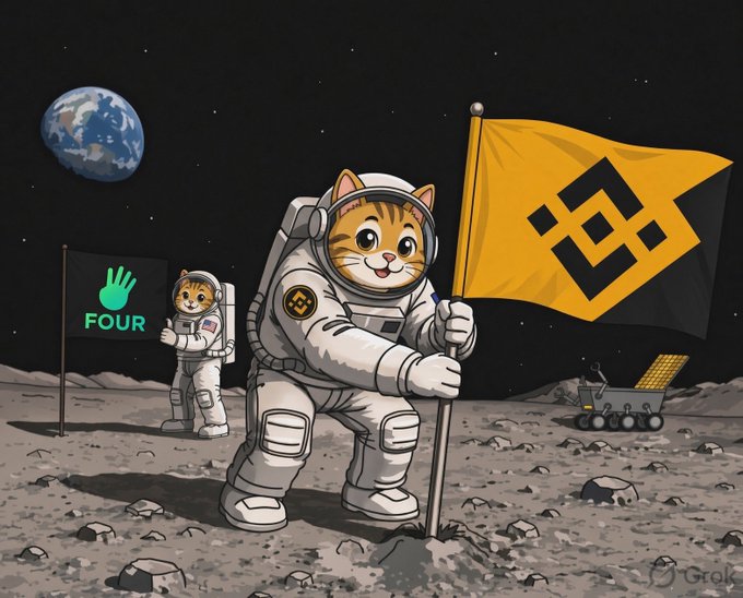 Two anthropomorphic cats in astronaut suits plant a yellow Binance flag on the moon's surface, with a smaller cat holding a "FOUR" sign featuring a green handprint and the Moon visible in the starry background. The image playfully illustrates the post's call for a moonshot crypto token, symbolizing the quest to find the breakout "$CAT" token on the Binance Smart Chain (BSC) that will reach $100M+ in market cap.