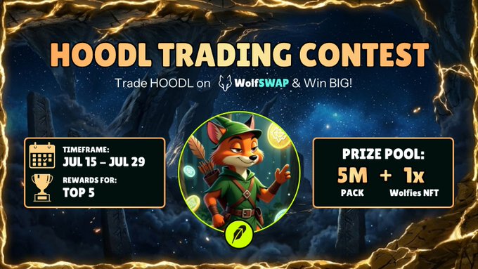 A "HOODL TRADING CONTEST" banner featuring a fox archer mascot, running Jul 15 – Jul 29 on WolfSwap, with a 5M + 1x Wolfies NFT prize pool for the Top 5.