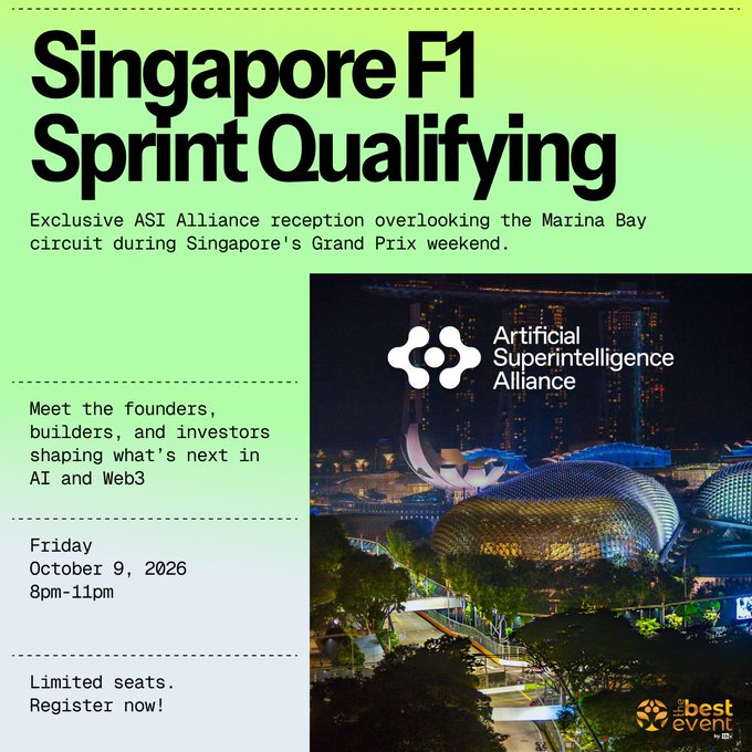 Promotional flyer for an "ASI Alliance" private reception at the Singapore F1 Sprint Qualifying on Friday, October 9, 2026, from 8pm-11pm, featuring the iconic illuminated Marina Bay Sands skyline and urging limited seats to "Register now." The graphic complements the post's announcement of a networking event for AI and Web3 founders and investors overlooking the race circuit.