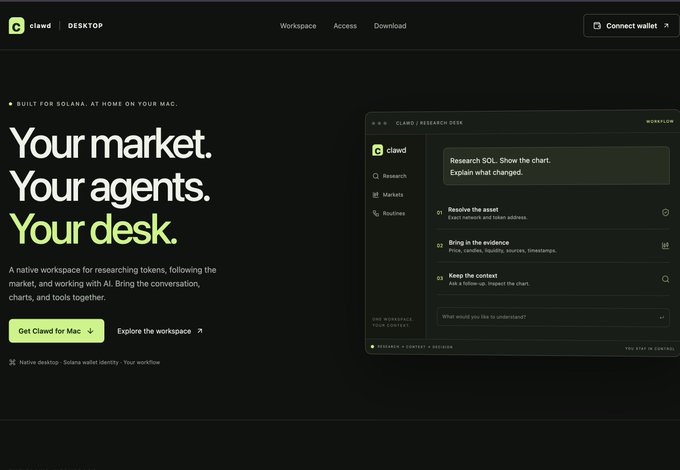 A website landing page for "Clawd Desktop," a Solana-native workspace for researching tokens, featuring the text "Your market. Your agents. Your desk."
