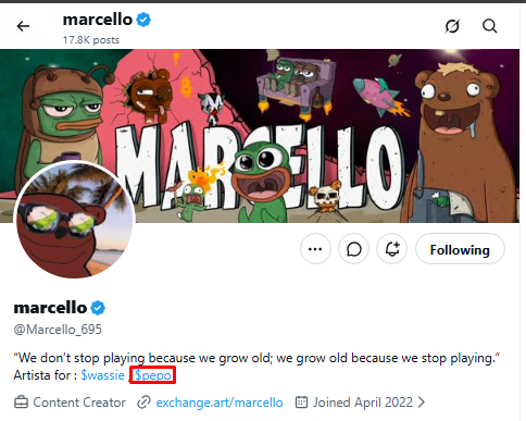 The image shows an Instagram profile for "marcello" (@Marcello_695), a verified content creator with 17.8K posts, featuring cartoon Pepe-style artwork and a bio listing him as "Artista for: $wassie, $PEPO" (with $PEPO highlighted in red). The image directly supports the accompanying post by revealing that the artist behind the $PISTACIO memecoin ($36M TV in 12h, $20M ATH) publicly lists $PEPO in his Instagram bio, suggesting a potential insider connection between the two meme coins that the crypto community may be overlooking.
