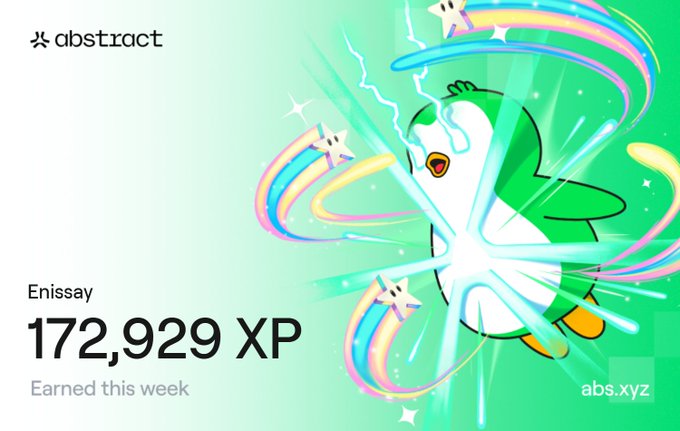 A promotional graphic from 'abstract' showing '172,929 XP Earned this week' for the user 'Enissay,' featuring a stylized cartoon penguin shooting a rainbow laser.