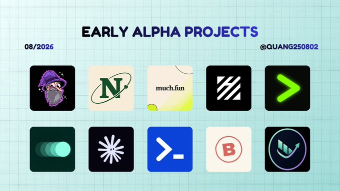 A grid of ten app icons titled 'EARLY ALPHA PROJECTS' dated '08/2026' by '@QUANG250802' on a light blue grid background.