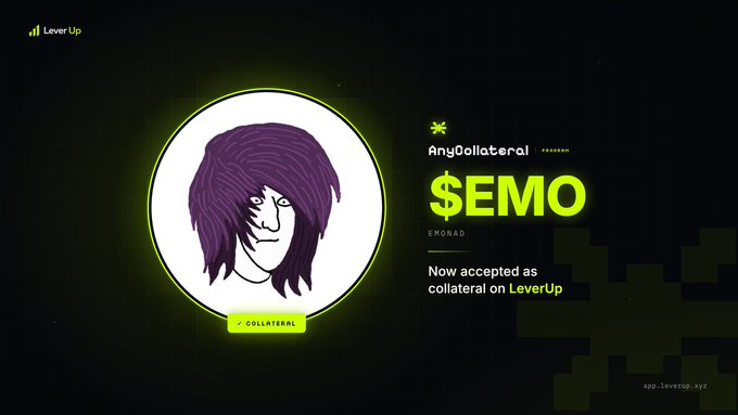 A promotional graphic featuring a cartoon character with long purple hair in a white circle, alongside the text "AnyCollateral $EMO EMONAD - Now accepted as collateral on LeverUp" against a dark green pixelated background. The image announces the integration of $EMO (Emonad) as new collateral on LeverUp, aligning with the post's announcement of the token being live and upcoming trading competitions.