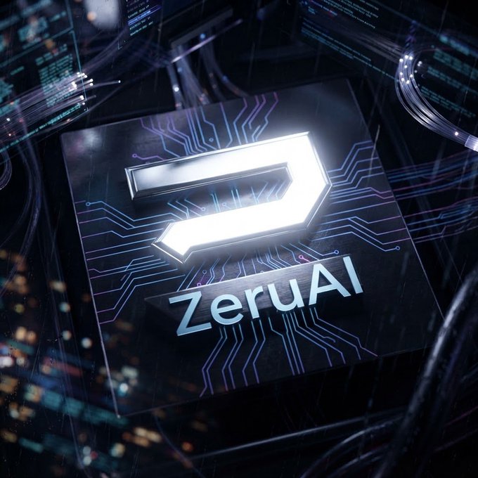 A futuristic 3D digital render displaying the "ZeruAI" logo on a circuit board with glowing tech aesthetics.