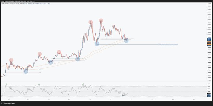 The image shows a TradingView chart of $HYPE/USDT perpetual contract on the 1-hour timeframe, displaying an upward trending price structure with higher highs and higher lows marked by red and blue circles, alongside an RSI indicator at the bottom showing bullish divergence setups and key support levels around $52.90.