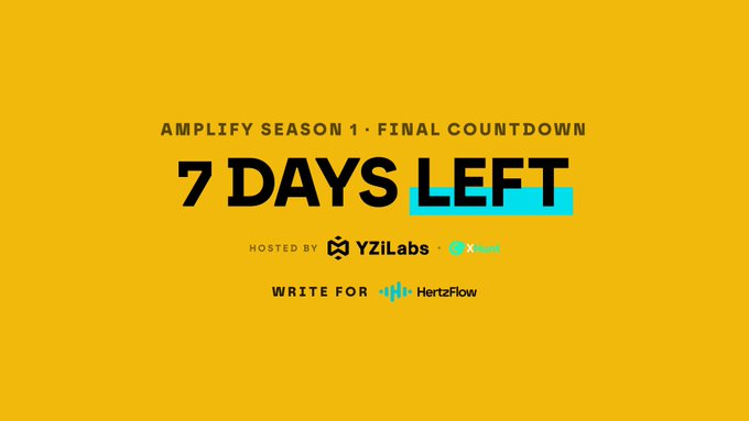 Yellow promotional graphic for Amplify Season 1 Final Countdown announcing '7 Days Left,' hosted by YZiLabs and sponsored by HertzFlow.