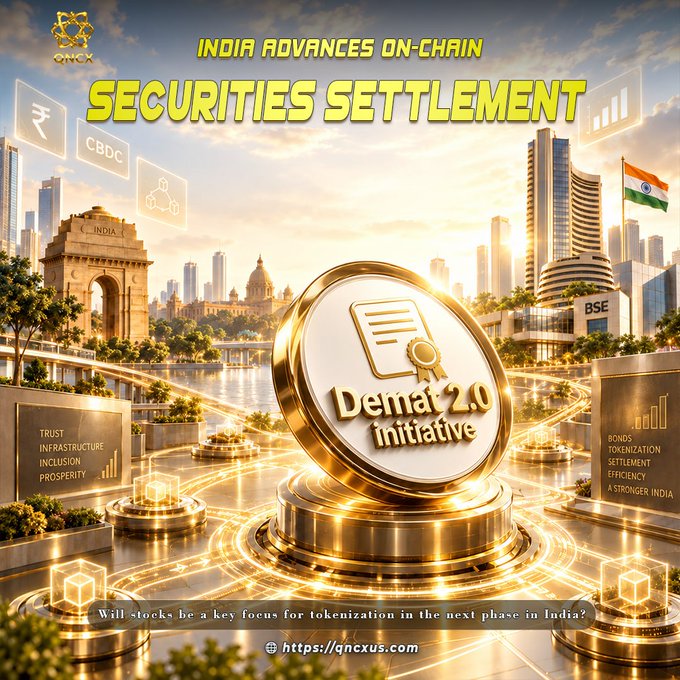 The image is a promotional graphic titled "INDIA ADVANCES ON-CHAIN SECURITIES SETTLEMENT" featuring a golden medallion labeled "Demat 2.0 initiative" set against an Indian cityscape with landmarks like India Gate and the BSE building, alongside symbols for CBDC, the rupee, and various fintech icons. The accompanying post highlights India's pilot of on-chain bond tokenization under the Demat 2.0 initiative, with the question of whether stocks will become the next focus for tokenization in India's digital capital infrastructure evolution.