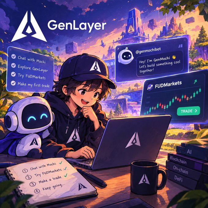 An anime-style illustration shows a character with a robot companion using a laptop, surrounded by GenLayer branding, a checklist, and a FUDMarkets trading chart.