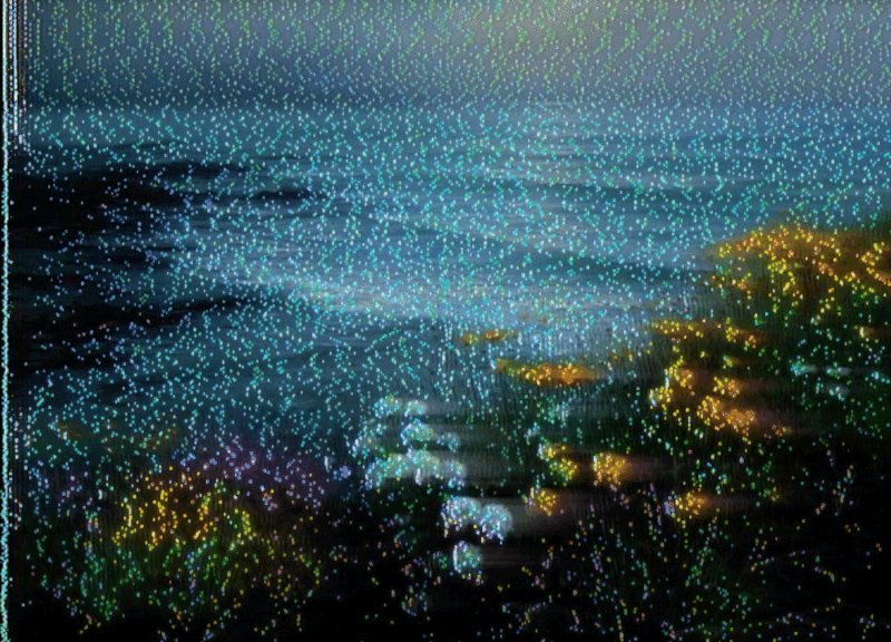 The image features a painting of a beautiful landscape with a body of water, possibly an ocean or sea, surrounded by lush green vegetation such as bushes and trees. The artist has used small dots instead of paint to create the effect of light shining on the scene, giving it a unique and artistic appearance. The painting is displayed in a gallery setting, where it can be appreciated for its beauty and creativity.
