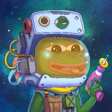 The image features a cartoon character wearing a green suit, helmet, and goggles with an orange face mask that has a frog on its forehead. The character also has a backpack and a gun strapped to their back. They are holding a pink bottle of soda in one hand and a pink rocket in the other. The background is filled with stars, giving the impression that they are in outer space or another planet. The image includes text that reads "The 10k meta might be back @PepeExplorers @whateveronlife @missingpnft @TheGloobs @888s_Society @Arts_of_core @ape0nchain @dotpunkseth @CNC_NFTs @404punklab @facelessDudez DYOR & NFA".