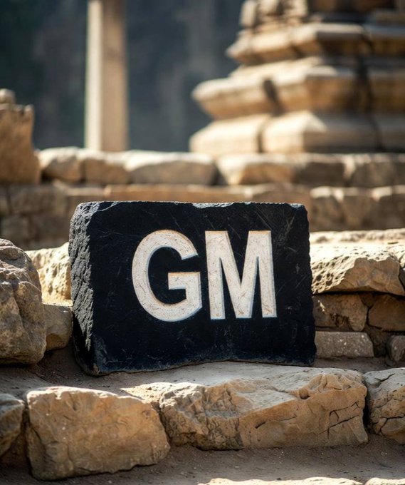 A square black marble block with the white letters 'GM' carved into it, resting on ancient stone ruins under bright sunlight.