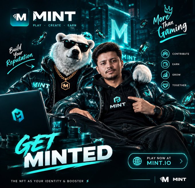 A promotional poster for "MINT" featuring a man in MINT-branded clothing alongside a polar bear mascot wearing sunglasses and gold chains, with text "GET MINTED" and "PLAY NOW AT MINT.IO".