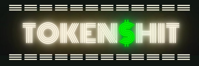 A dark image featuring the illuminated, stylized word "TOKEN$HIT" in white and green neon-style lettering, framed by horizontal striped bars at the top and bottom. The image's blunt, self-aware branding aligns directly with the post's commentary on the crypto token's intentionally honest and irreverent name.