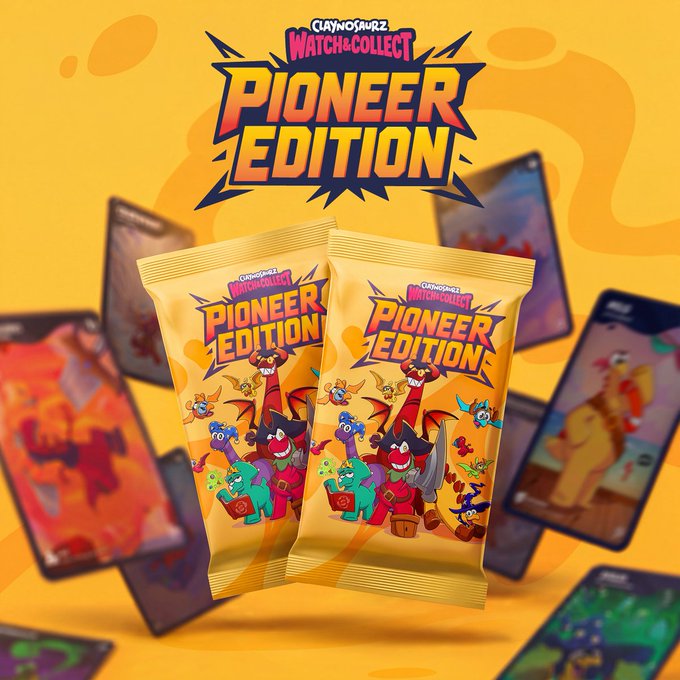 Two yellow "Pioneer Edition" collectible packs from the "Claynosaurz Watch & Collect" series are displayed against an orange background, with the packs featuring colorful cartoon dinosaur characters and surrounded by blurred smartphone screens showing the digital collectibles. The image showcases the physical packaging for this celebrated Solana NFT collection, reflecting the post's enthusiasm for Claynosaurz as a standout digital collectible series.