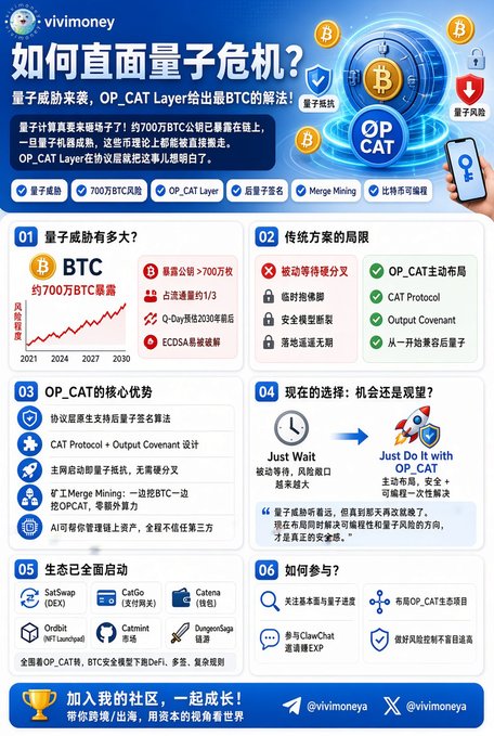A promotional infographic from Vivimoney addresses the looming quantum computing threat to Bitcoin, highlighting that ~7M BTC (~33% of supply) could be vulnerable by 2045 due to broken public key cryptography. It presents OP_CAT Layer as the most Bitcoin-native solution, noting its protocol-based, trustless, no-issuance design that supports quantum-safe signature algorithms and Satoshis-protecting covenants.