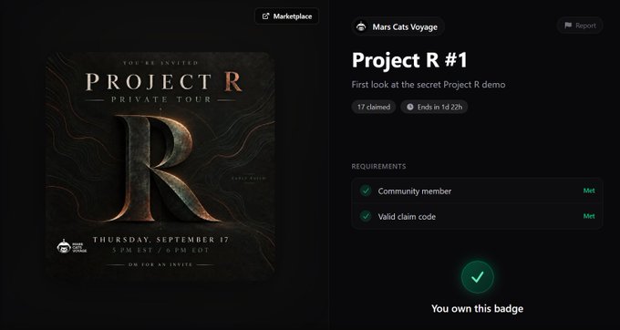 A digital marketplace page for 'Mars Cats Voyage' displays a 'Project R #1' badge with text 'First look at the secret Project R demo', showing requirements of 'Community member' and 'Valid claim code' both marked as 'Met', with '17 claimed' and 'Ends in 1d 22h'.