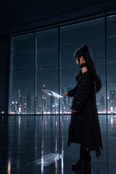 A digital artwork depicts a person with long dark hair wearing a long black coat, standing at a clear podium while looking at a glowing tablet, with a nighttime city skyline visible through large windows behind them.