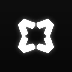 A glowing white geometric logo resembling an interlocking hexagonal star shape appears on a solid black background.