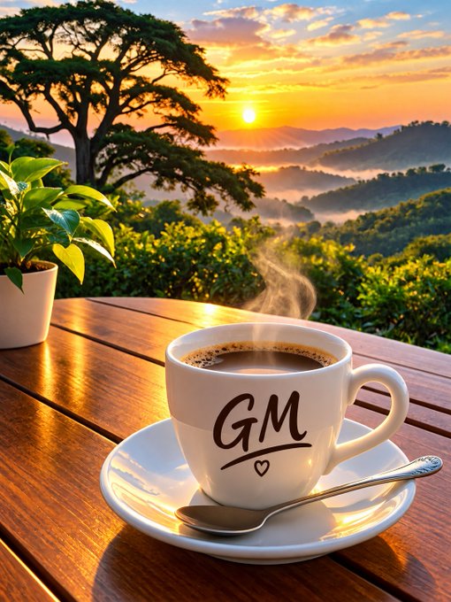 An AI-generated morning greeting image showing a white coffee cup marked "GM" with a heart on a saucer, placed on a wooden table overlooking a misty sunrise landscape with a large tree.