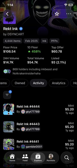 An OpenSea mobile app page for the 'Rekt Ink' NFT collection by DSYNCART, showing a floor price of $106.54, 24H volume of $14.7K, and activity listings including Rekt Ink #4444 and #4443.