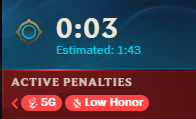 A digital interface with a blue top half showing a timer '0:05' and 'Estimated: 1x3', and a red lower half labeled 'ACTIVE PENALTIES' with two red boxes for '2.5x' and '2. Low Horror'.
