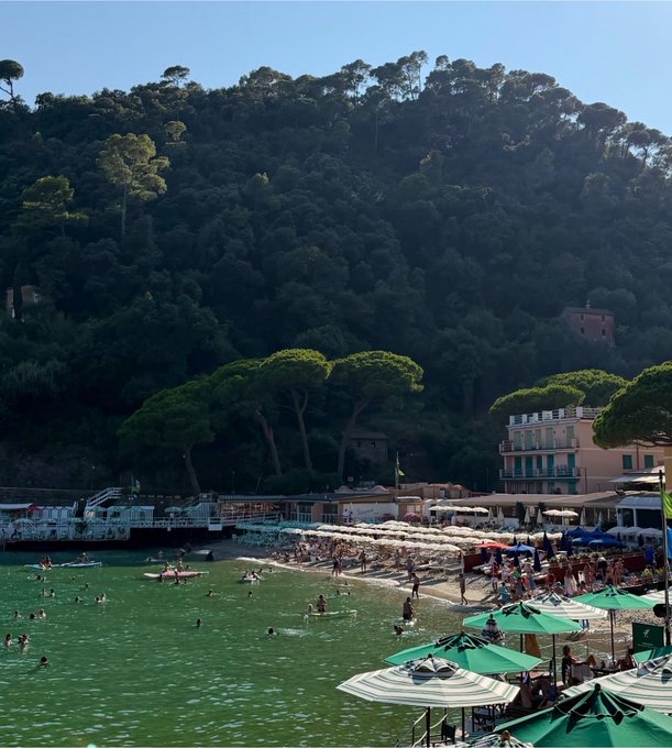 A bustling Italian beach scene, likely Monterosso in Cinque Terre, shows sunbathers under green-and-white striped umbrellas and swimmers in the turquoise water, with a forested hillside and cliffside buildings in the background.

There are no visible text, numbers, tickers, or names in the image, so no such elements can be referenced. The lively beach setting with active swimmers and beachgoers loosely connects to the post's playful question about who's "active with that bell on," suggesting someone energetically enjoying the lively coastal atmosphere.