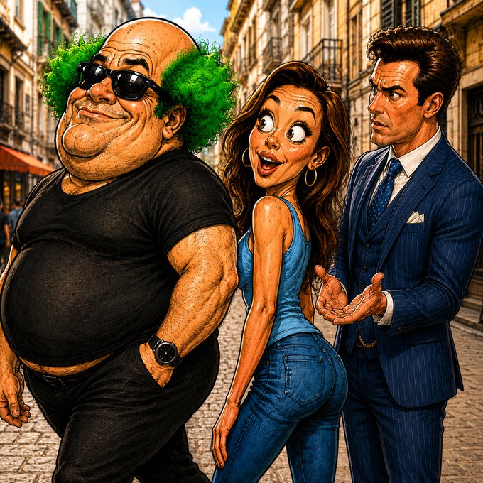 A cartoon-style caricature of three people on a city street: a bald man with green hair in a black t-shirt, a woman with large eyes in a blue top and jeans, and a man in a blue pinstripe suit.