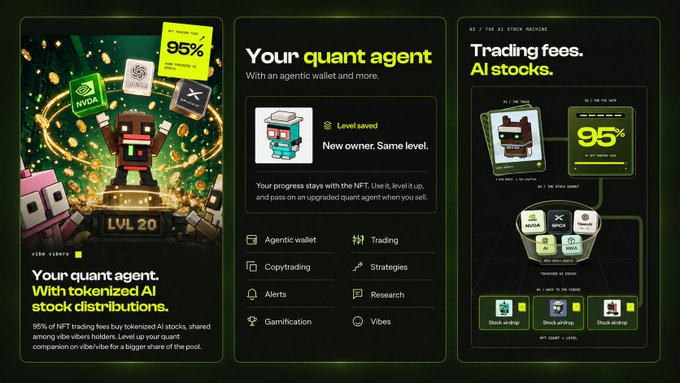 A three-panel marketing graphic for 'vibe vibes' promoting 'Your quant agent' featuring tokenized AI stock distributions, with sections showing a level 20 agent, agentic wallet features, and tracking fees structure.