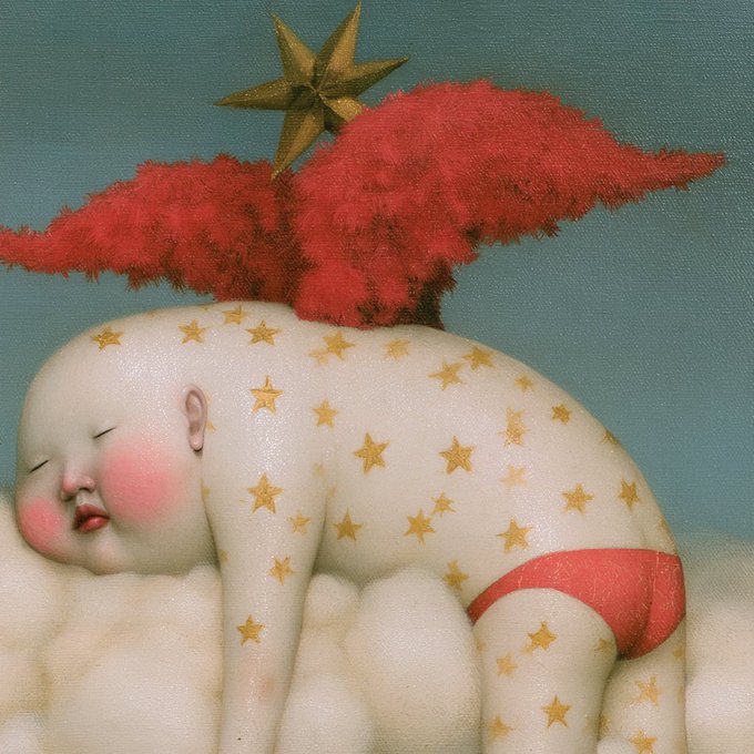 A surreal painting depicting a sleeping baby with star-patterned skin resting on clouds, wearing red bottoms, with a red cloud and golden star above its head against a teal background.