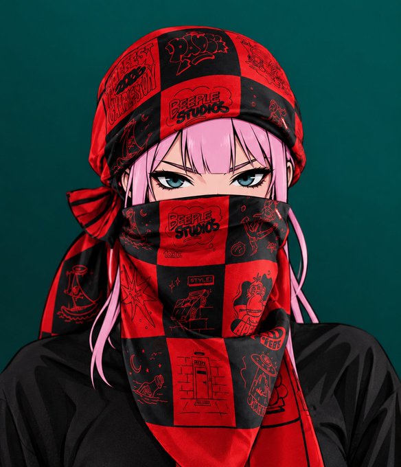 Anime-style digital artwork depicting a pink-haired character wearing a red and black checkered bandana and matching face covering, both branded with 'BEEPLE STUDIOS' logos and various illustrated patches against a dark teal background.