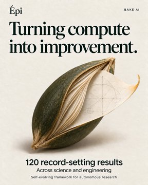 An advertisement for 'Épi BAKE A1' with the tagline 'Turning compute into improvement' and '120 record-setting results Across science and engineering' below an image of a layered leaf-like pastry.
