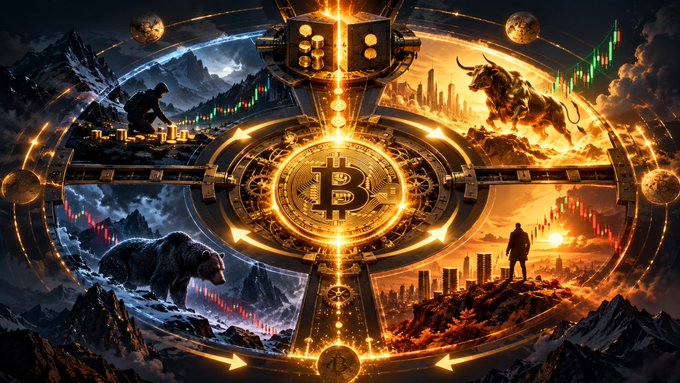 An artistic illustration featuring a Bitcoin symbol at the center surrounded by financial imagery, a bull, a bear, and a person watching a cityscape.