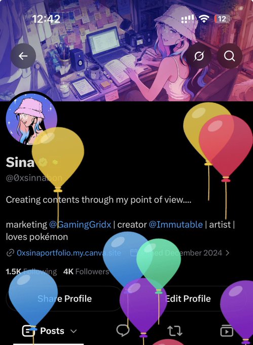 A social media profile for 'Sina' (@0xsinnapnn) features anime-style cover art, describing herself as 'Creating contents through my point of view...' with roles as marketing @GamingGridx, creator @Immutable, and artist who loves pokémon, with 1.5K Following and 4K Followers.