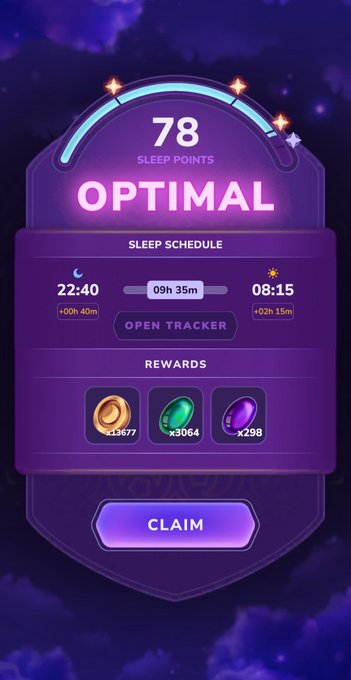 A mobile game screen showing a '78 SLEEP POINTS OPTIMAL' sleep tracker interface with a schedule of 22:40 to 08:15 (09h 35m), rewards including gold, green, and purple gems, and a 'CLAIM' button.