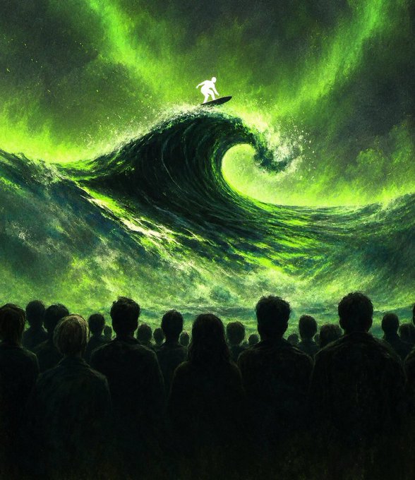 A dramatic, dark green painting of a giant wave with a small surfer riding the crest, watched by a silhouette crowd from below.