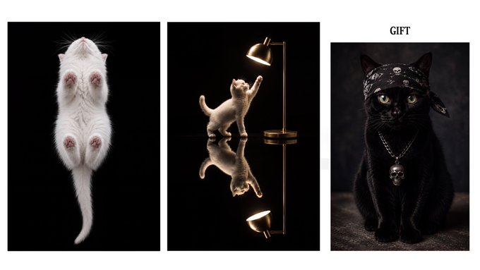 A triptych of dark, moody cat photographs: a white cat looking down, a kitten reaching for a lamp on a reflective surface, and a black cat wearing a skull bandana with a skull pendant, labeled 'GIFT'.