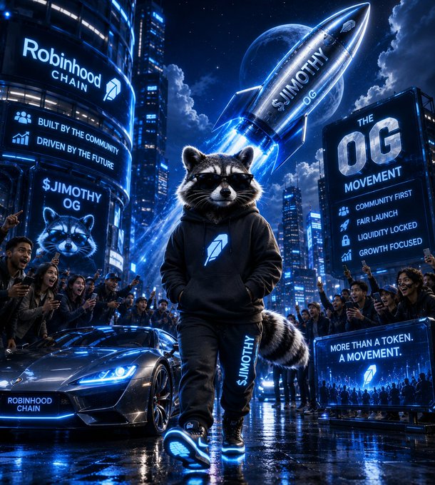 A promotional digital artwork features an anthropomorphic raccoon wearing sunglasses and a hoodie with the Robinhood Chain logo, standing in front of a cityscape with a rocket labeled "JIMOTHY OG" and text reading "THE OG MOVEMENT."