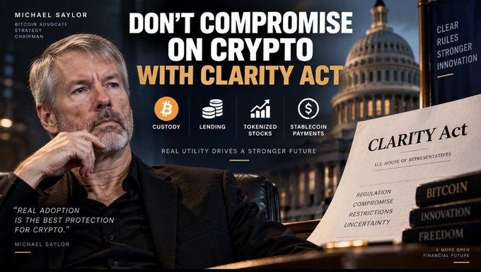 A promotional banner featuring Michael Saylor, Bitcoin Advocate and Strategy Chairman, with the headline "DON'T COMPROMISE ON CRYPTO WITH CLARITY ACT," highlighting topics like custody, lending, tokenized stocks, and stablecoin payments alongside the U.S. Capitol building.
