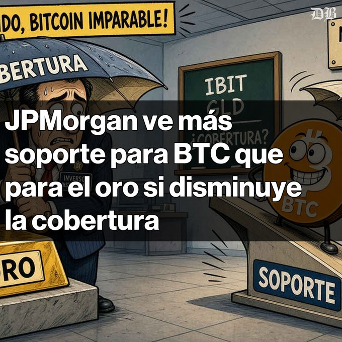 A Spanish-language financial cartoon showing a sweating man labeled 'INVERSOR' with an umbrella labeled 'COBERTURA' protecting against gold ('ORO'), while a confident Bitcoin ('BTC') stands on a 'SOPORTE' pedestal, with text: 'JPMorgan ve más soporte para BTC que para el oro si disminuye la cobertura' and a chalkboard reading 'IBIT ¿GLD ¿COBERTURA?' and a banner reading '...DO, BITCOIN IMPARABLE!'.