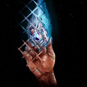 A dark, surreal artwork of a hand holding a glowing blue geometric crystal structure against a black background.