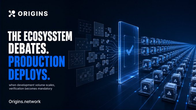 A promotional banner for Origins features the text 'THE ECOSYSTEM DEBATES. PRODUCTION DEPLOYS.' and 'when development volume scales, verification becomes mandatory' alongside imagery of data flowing through servers.